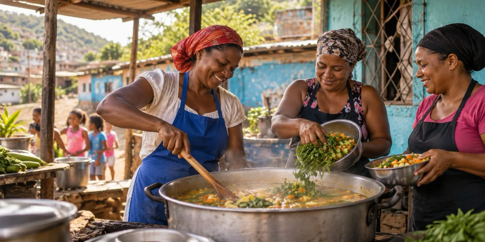 Three women prepare a meal together in a community kitchen while children watch nearby.