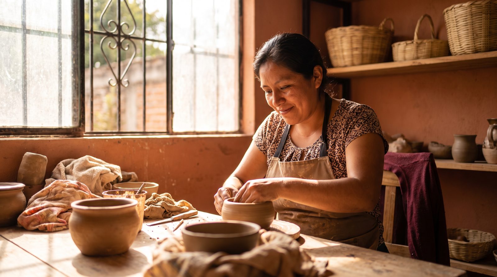 A woman artisan working at a sunlit table in a community workshop