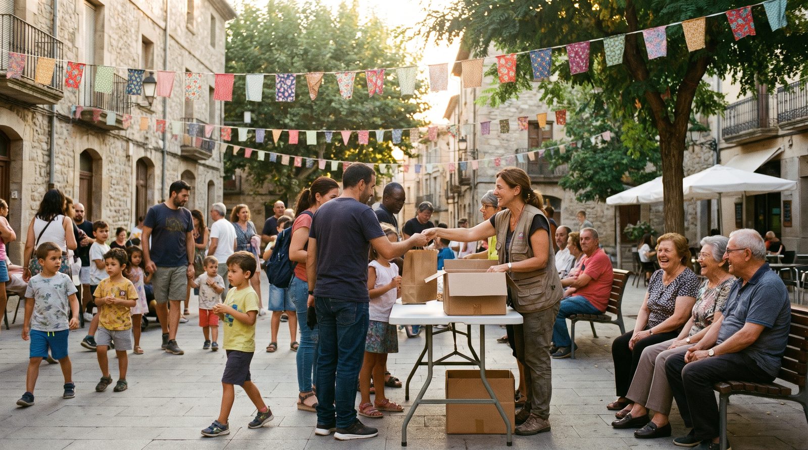 A community gathering in a town square at golden hour