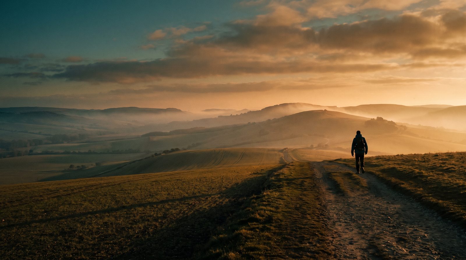 A person walking a path toward sunrise over rolling hills