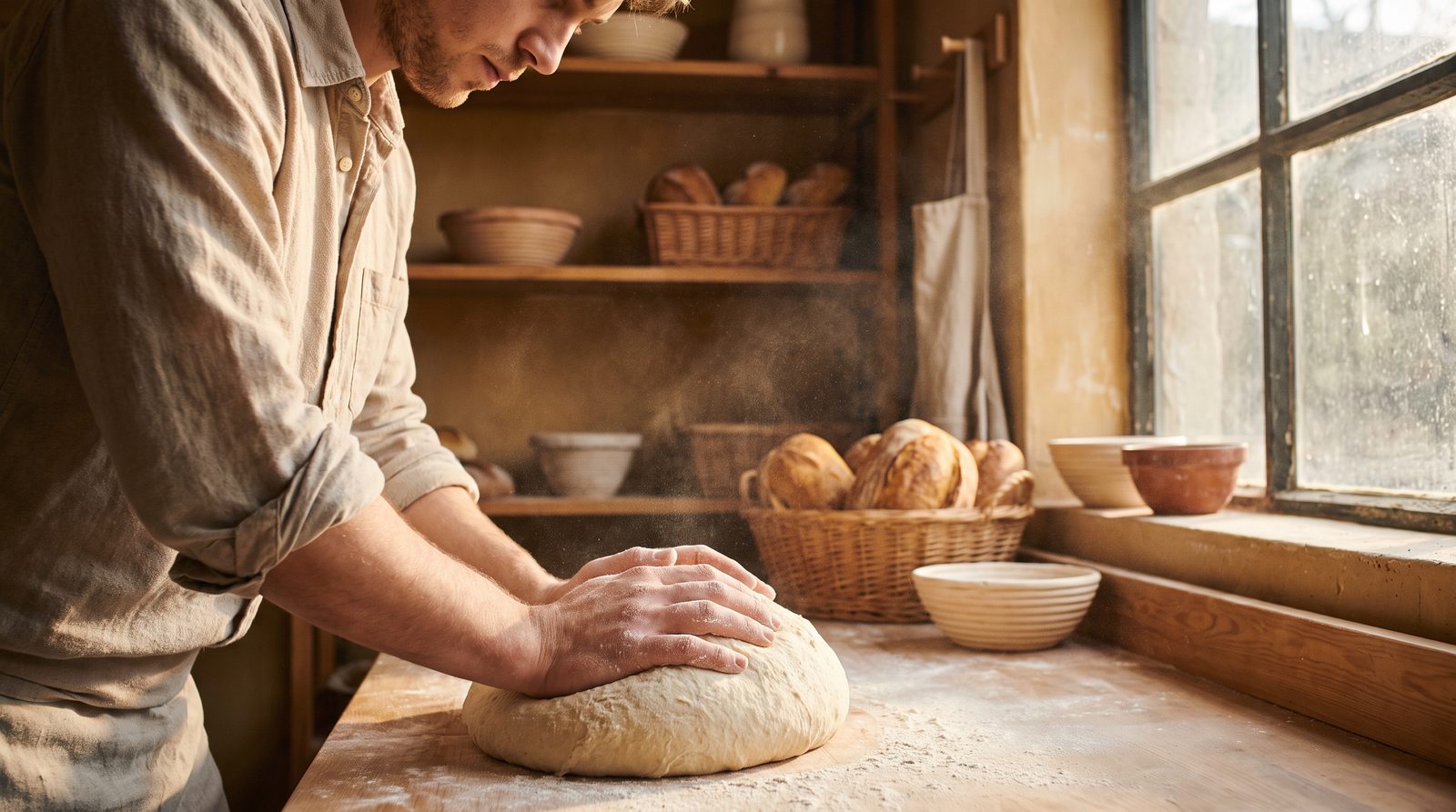 Hands kneading dough at a small bakery counter in warm morning light
