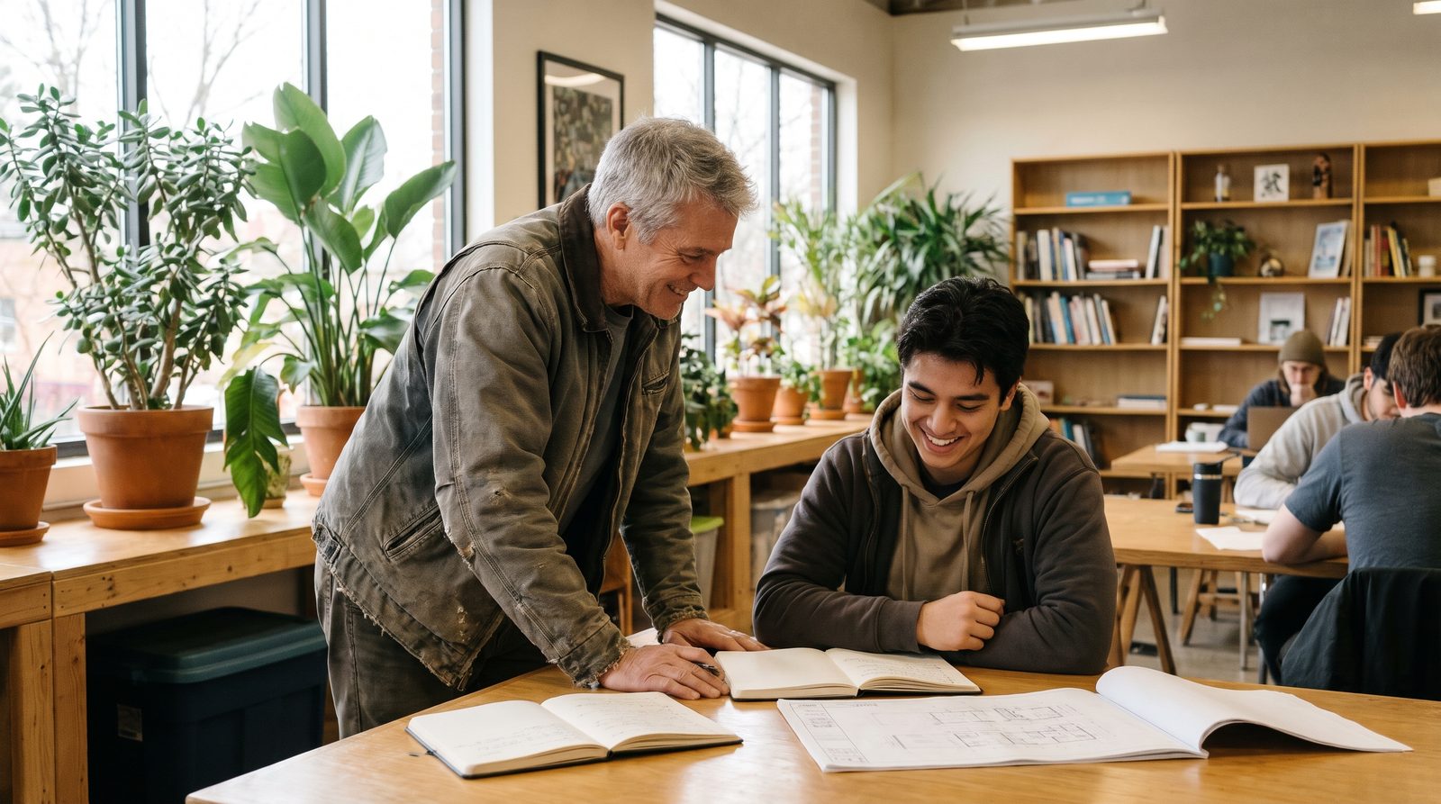 A mentor reviewing plans with a young apprentice at a table